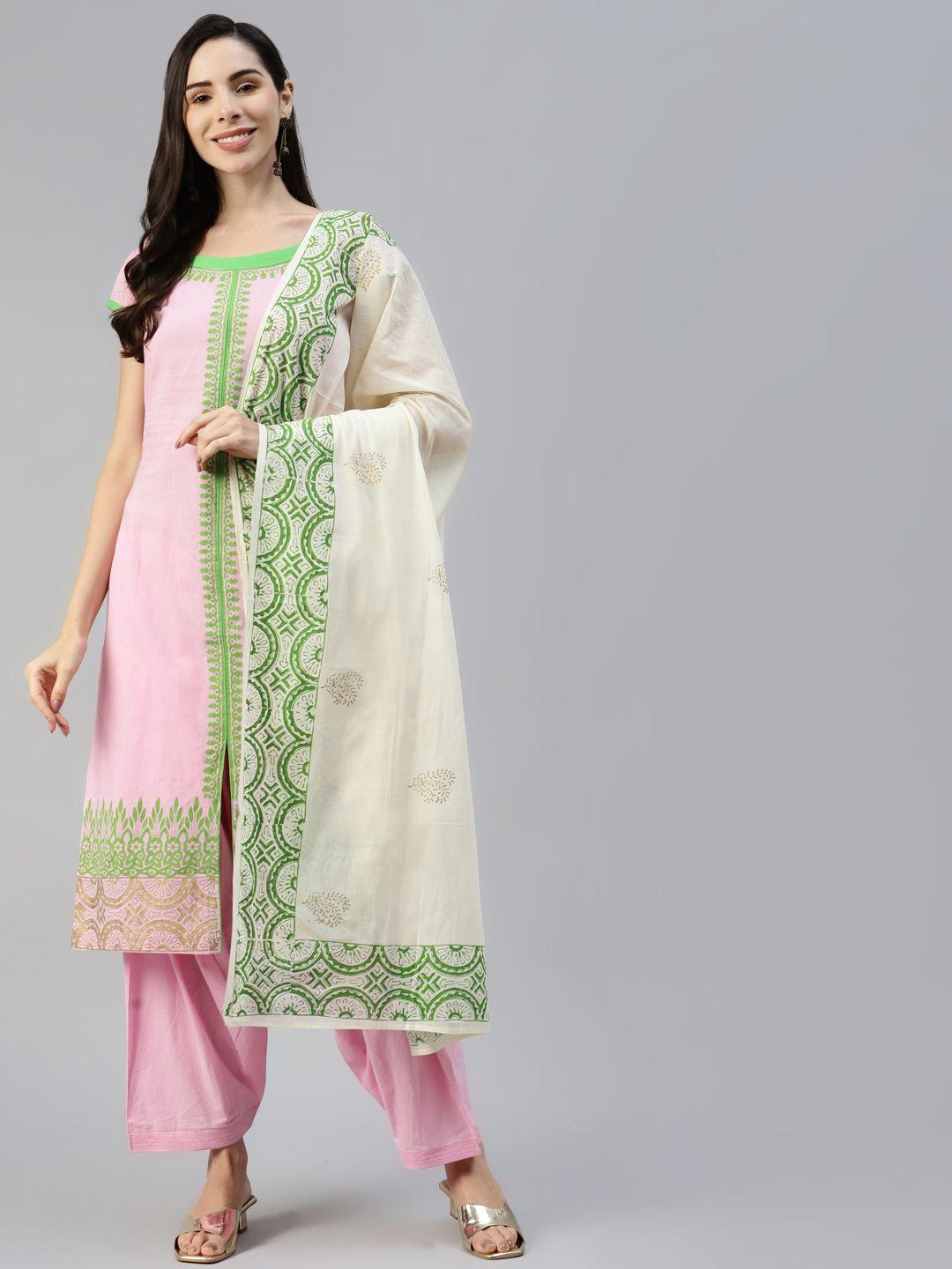 mbe women pink ethnic motifs printed pure cotton kurta with salwar & with dupatta