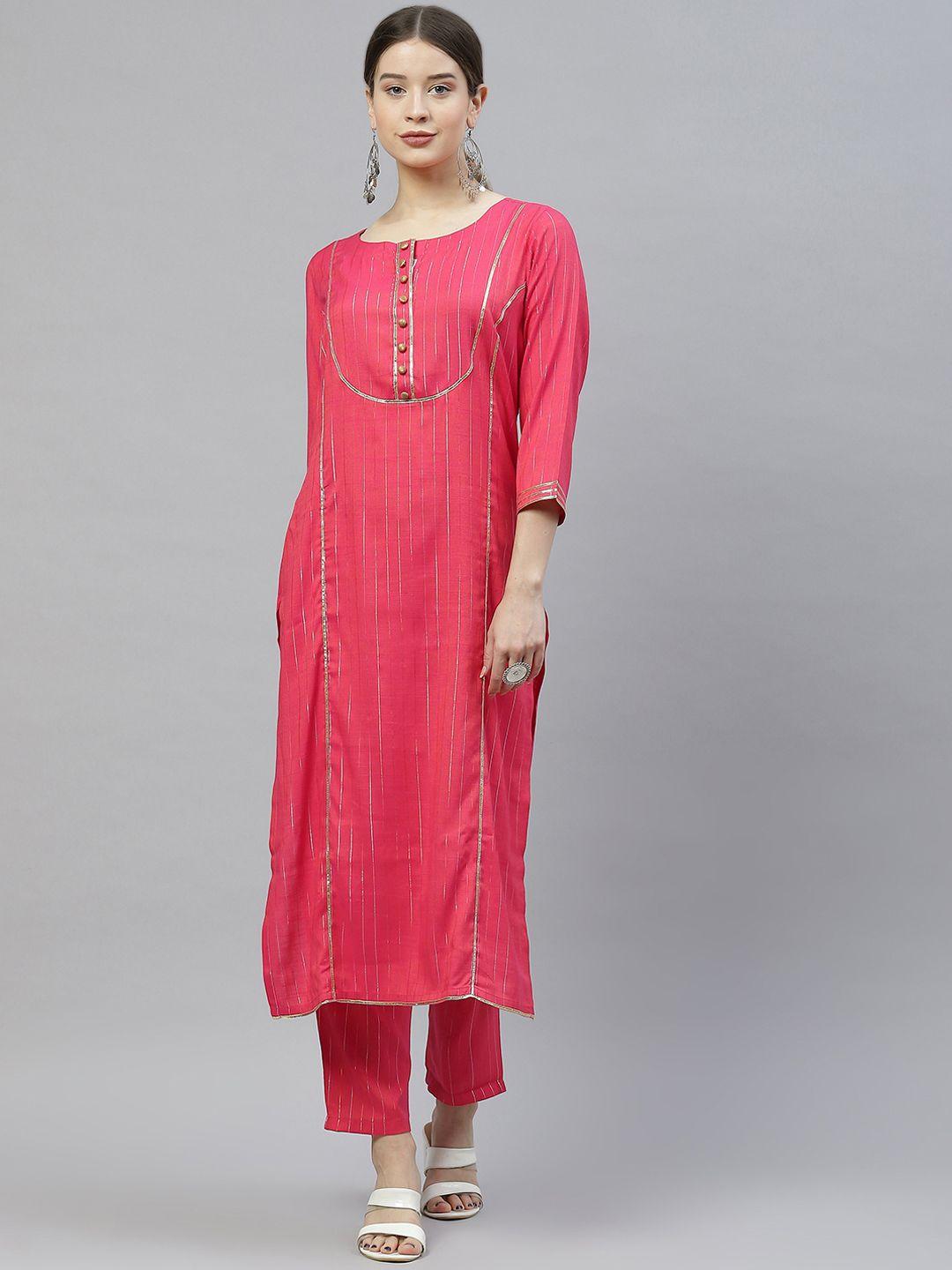 mbe women pink striped pure cotton kurta with trousers