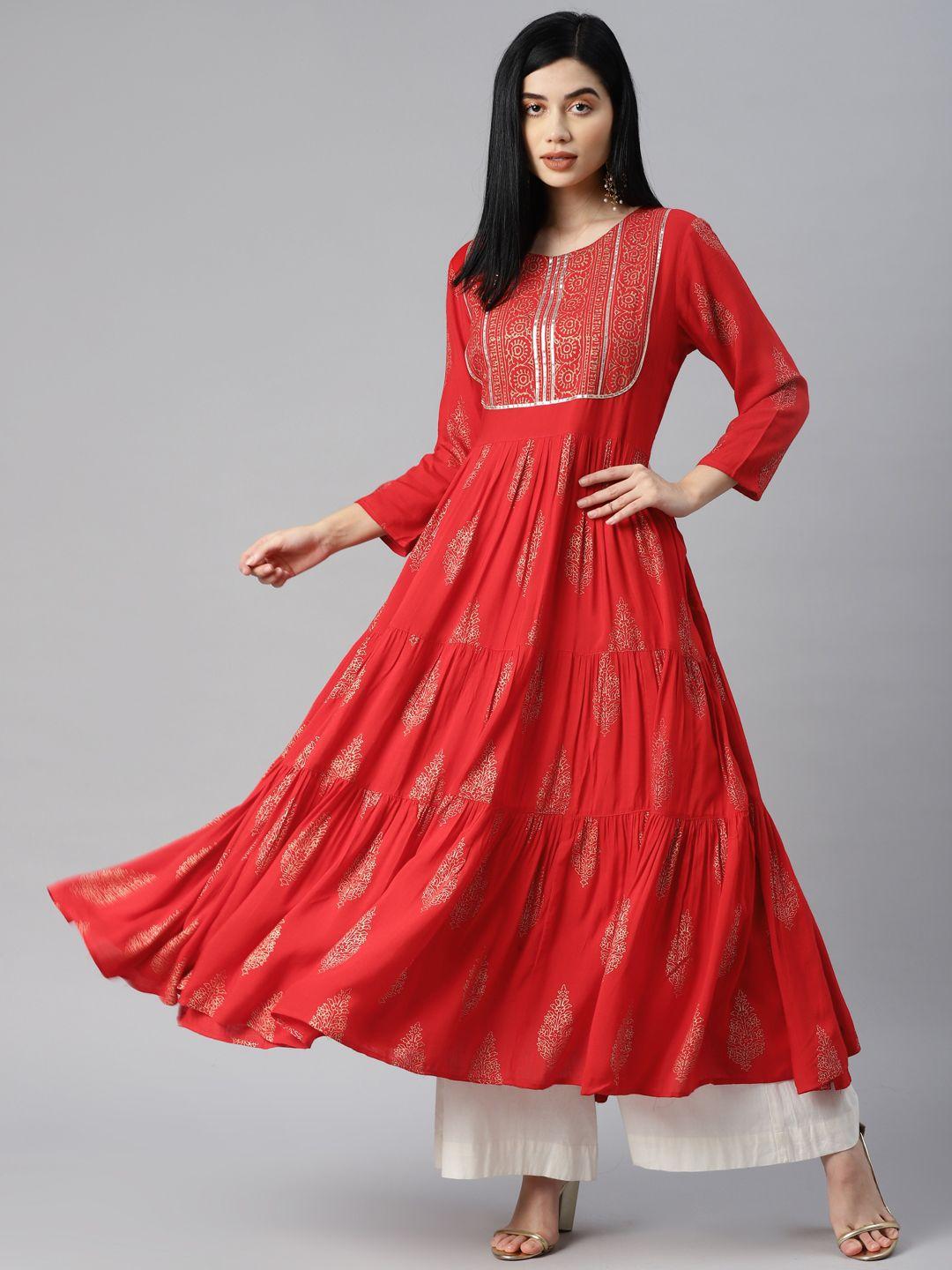 mbe women red & golden ethnic motifs printed gotta patti anarkali kurta