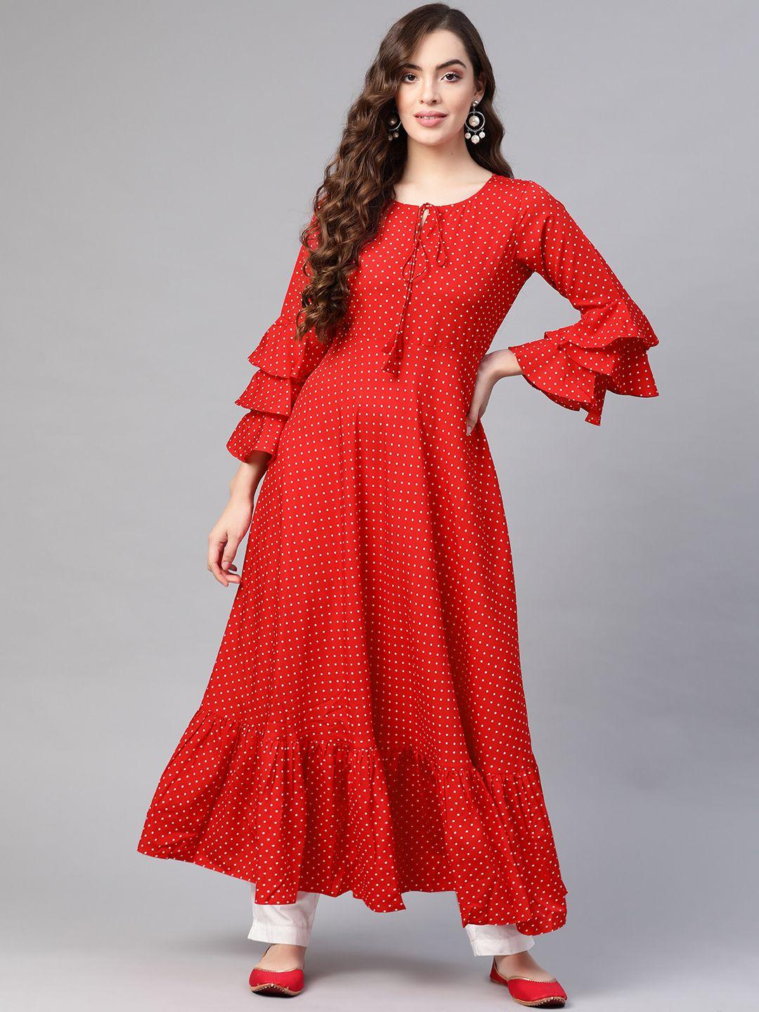 mbe women red & white polka dot printed bell sleeves crepe kurta