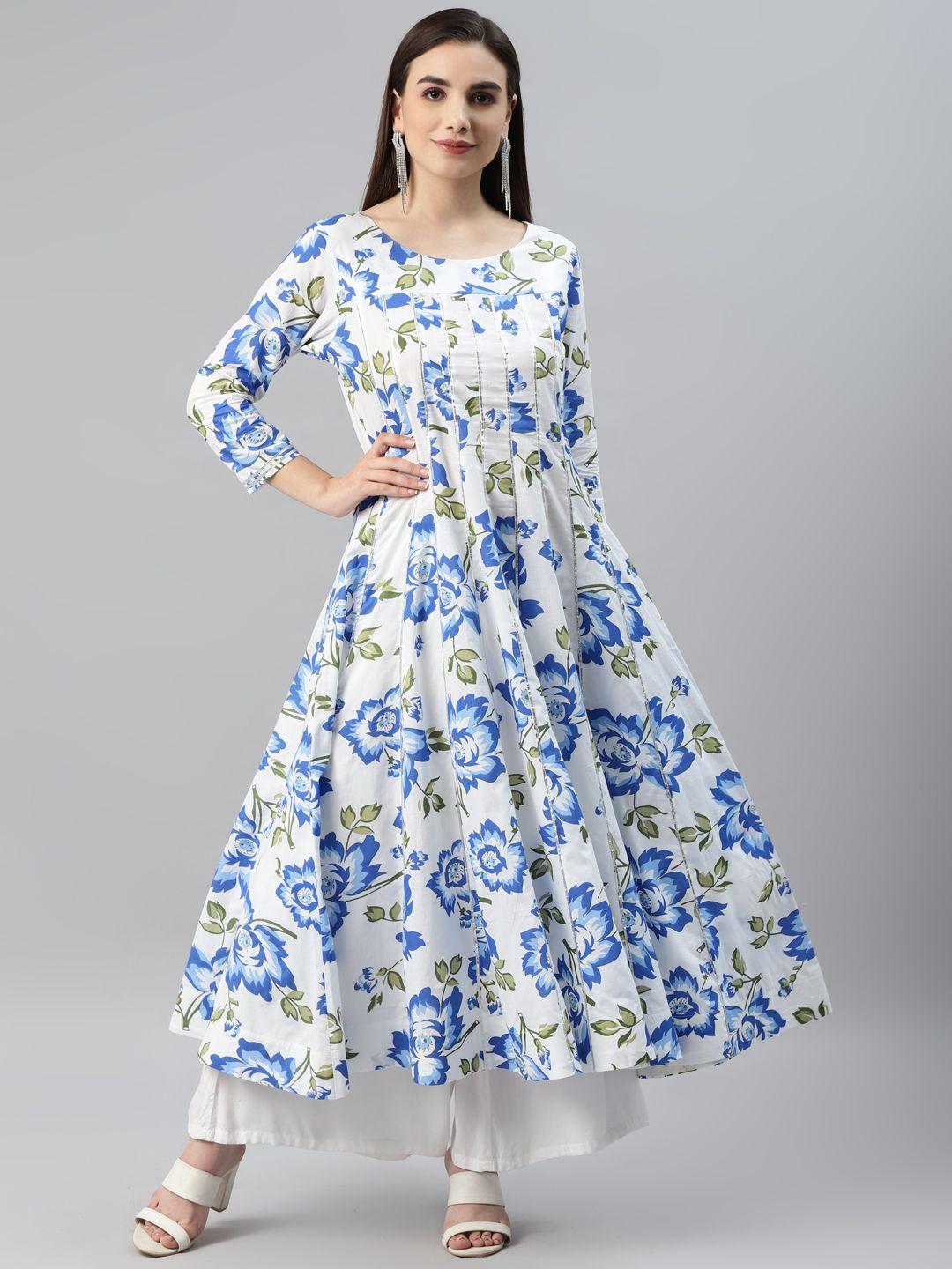 mbe women white & blue floral printed floral anarkali kurta