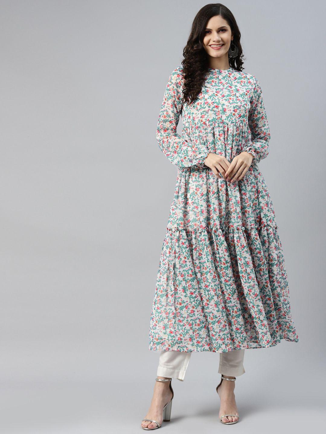 mbe women white & blue floral printed floral georgette anarkali kurta