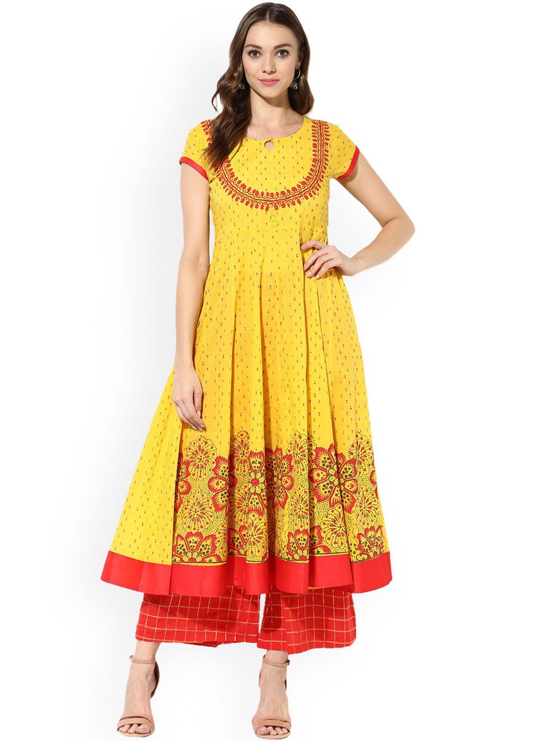 mbe women yellow & red block print kurta with palazzos