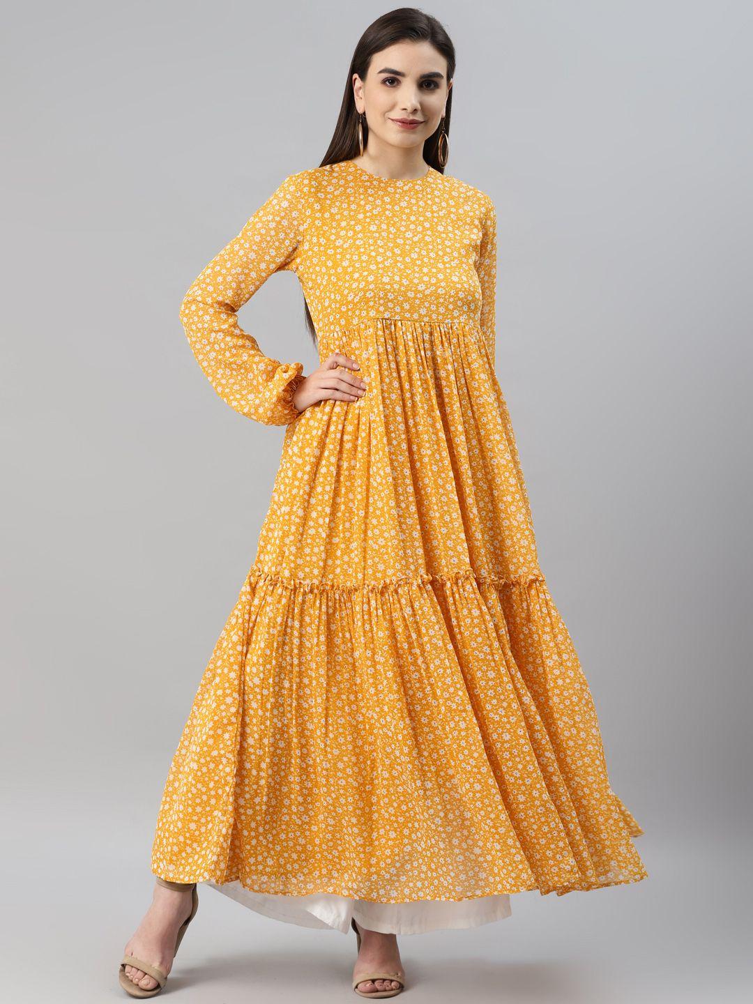 mbe women yellow & white floral printed georgette tiered anarkali kurta