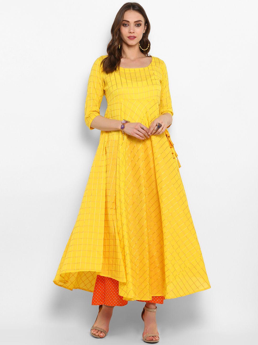 mbe women yellow checked a-line kurta