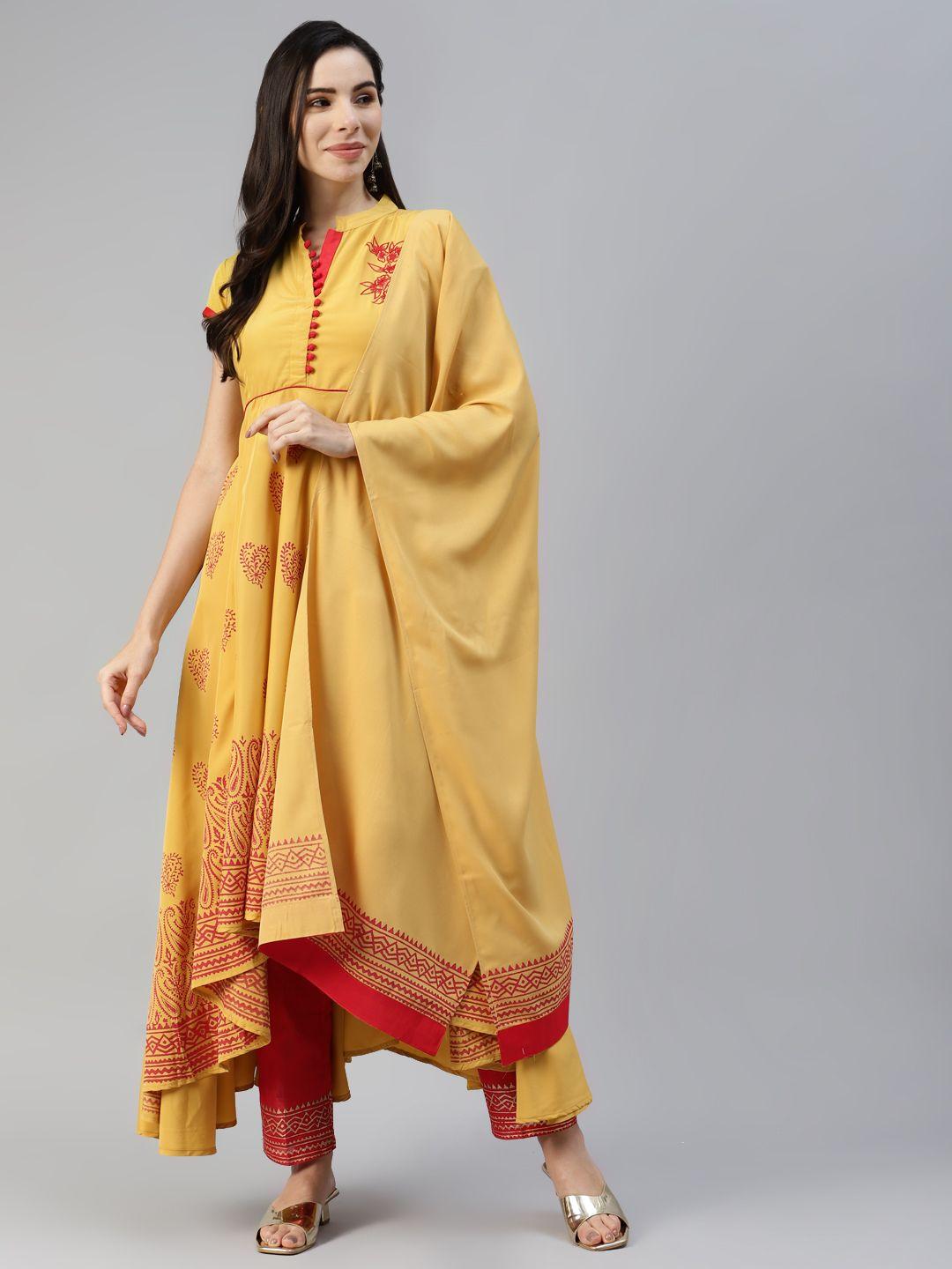 mbe women yellow ethnic motifs printed kurta with trousers & with dupatta