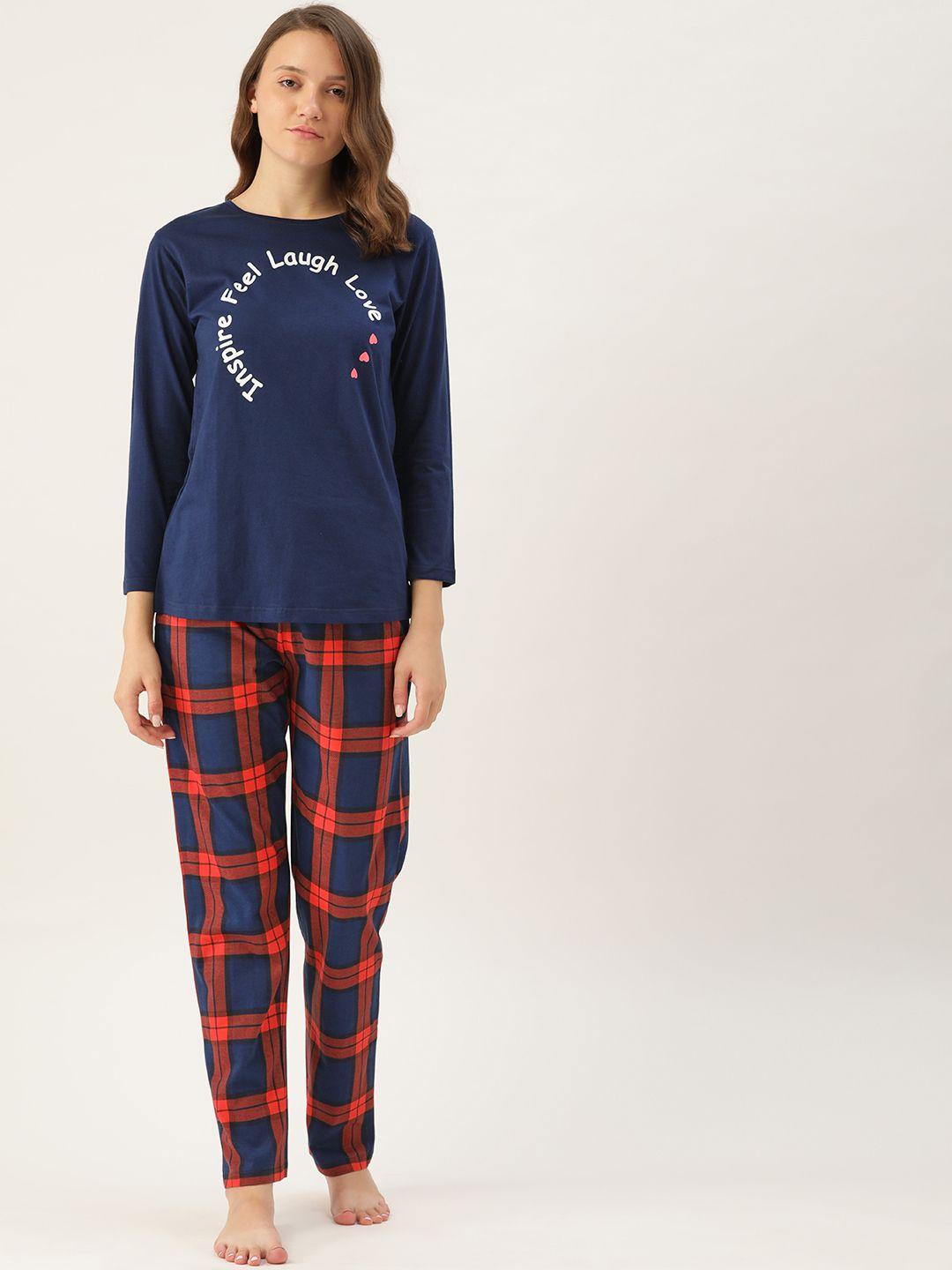 mbeautiful women navy blue & red printed pure cotton pyjama set