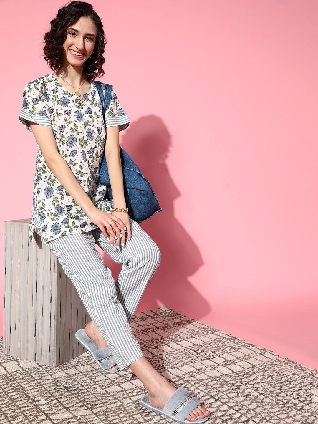 mbeautiful women white & blue floral print organic cotton pyjamas set