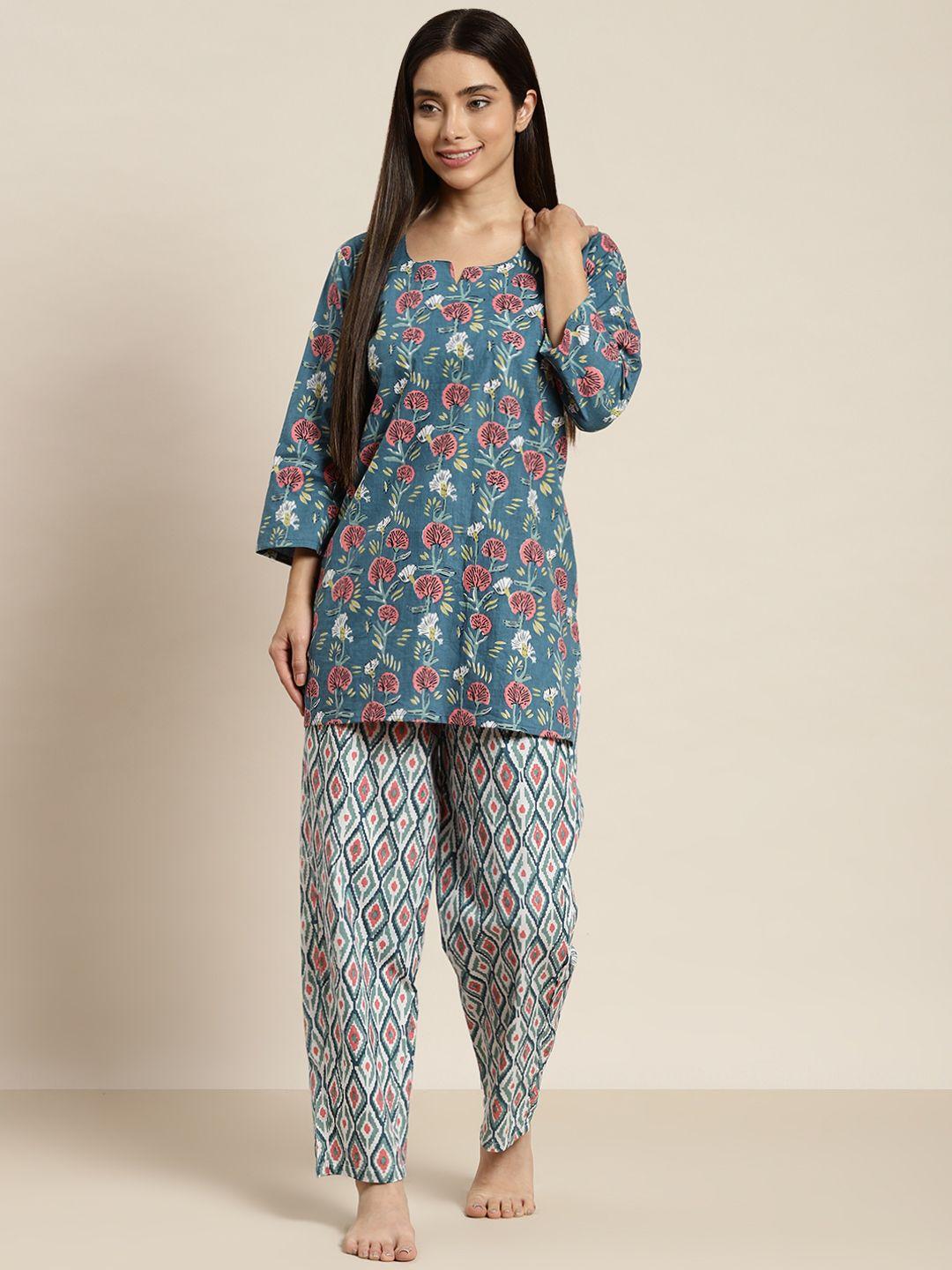 mbeautiful women blue & pink organic cotton printed night suit