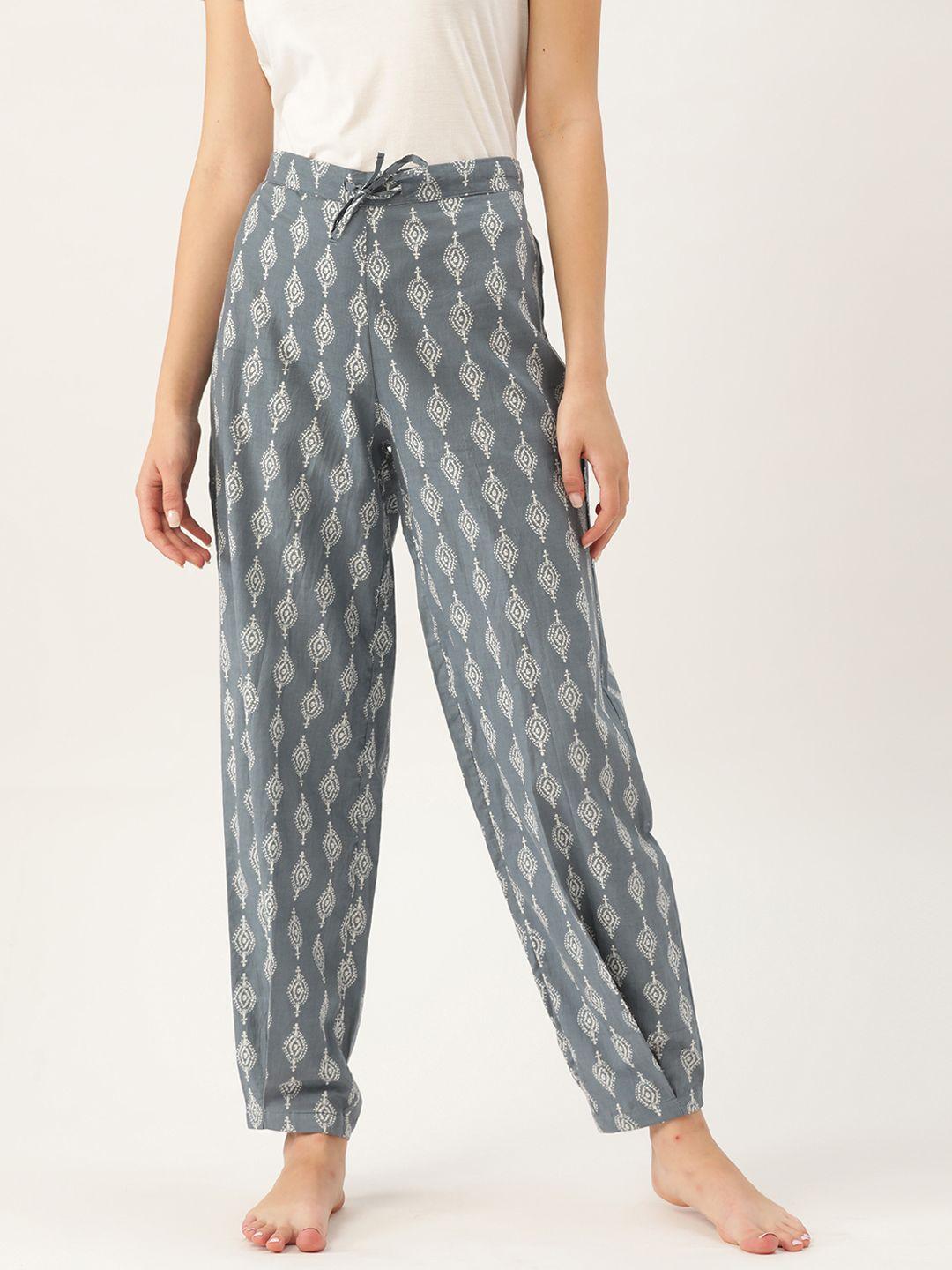 mbeautiful women grey & white ikkat handblock print lounge pants