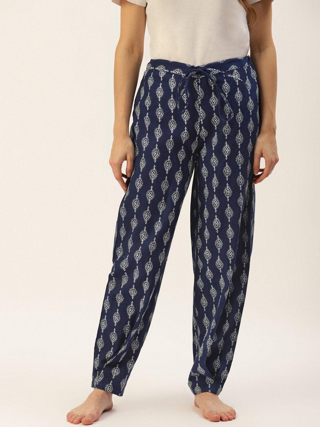 mbeautiful women navy blue & off-white handblock print organic cotton carrot lounge pants