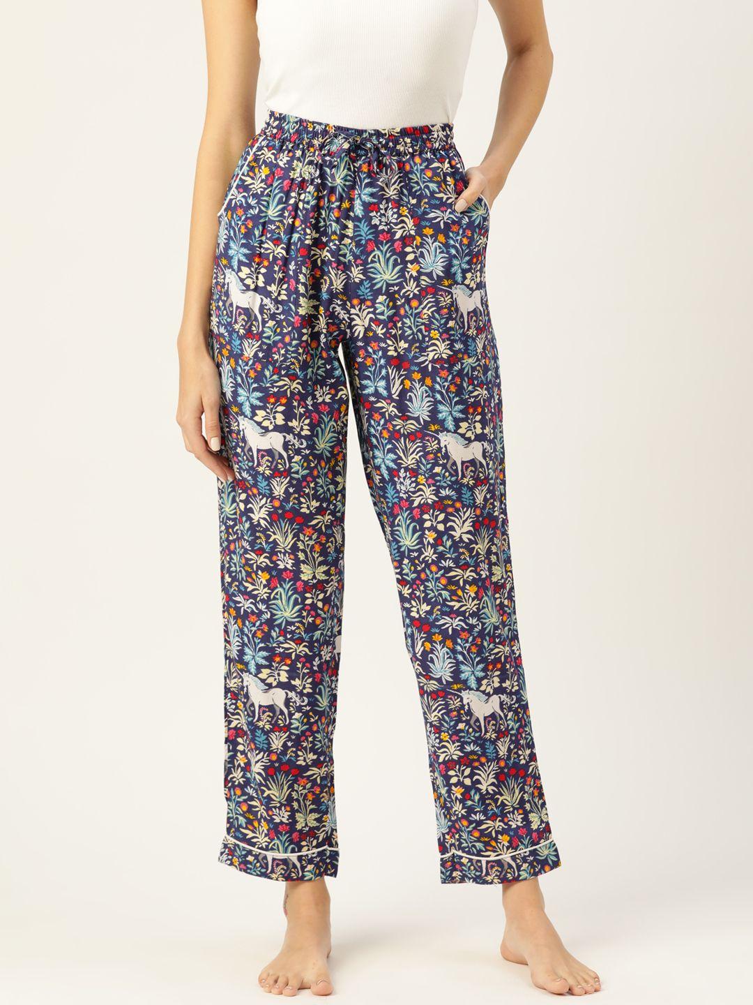 mbeautiful women navy blue & white floral print lounge pants