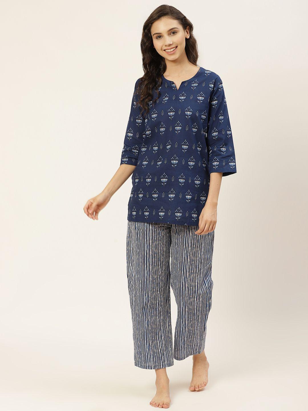 mbeautiful women navy blue & white organic cotton printed night suit