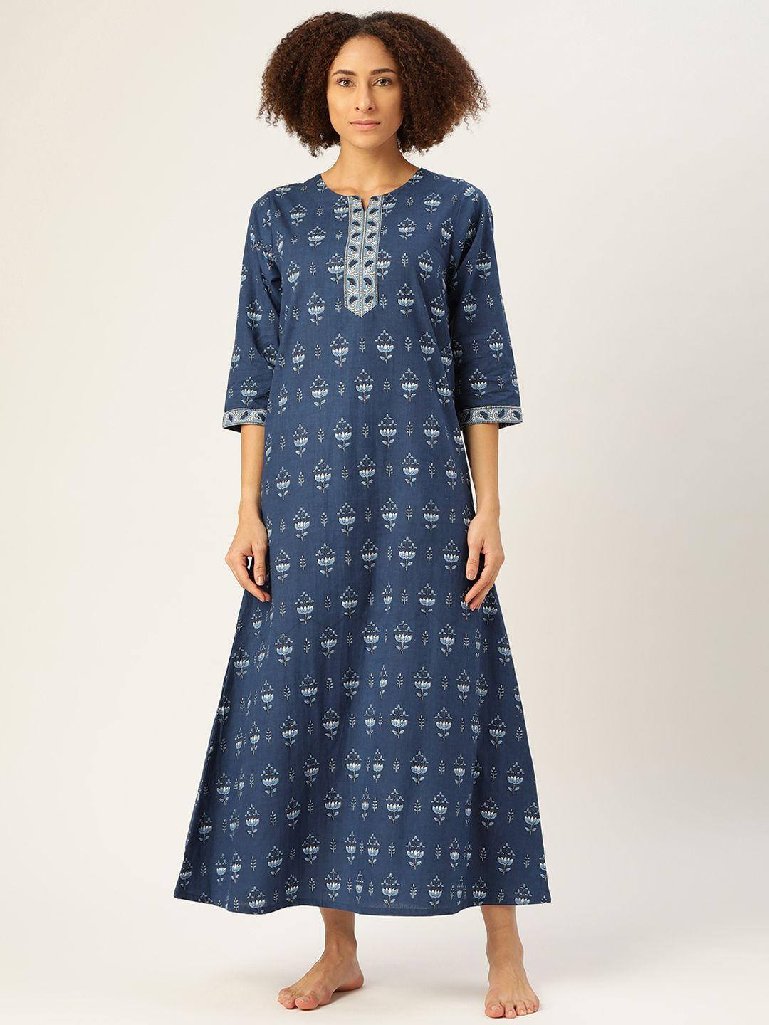 mbeautiful women navy blue printed pure cotton nightdress