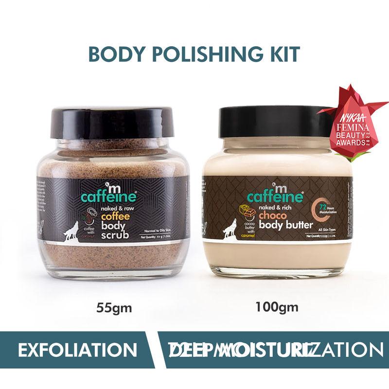 mcaffeine body polishing kit - exfoliation, tan removal & moisturization - coffee body scrub & choco body butter