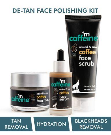 mcaffeine coffee de-tan face polishing kit | tan removal, sun protection | face scrub, face mask, face serum | all skin | paraben & mineral oil free 240 gm