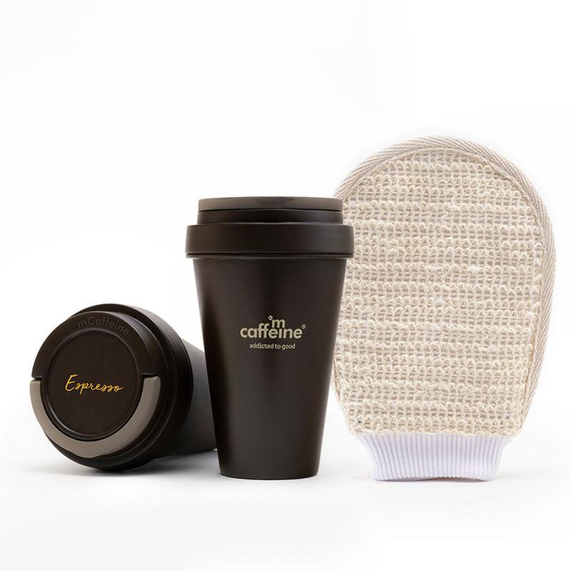 mcaffeine coffee shower routine with espresso body wash & gentle bath glove for soft & smooth skin