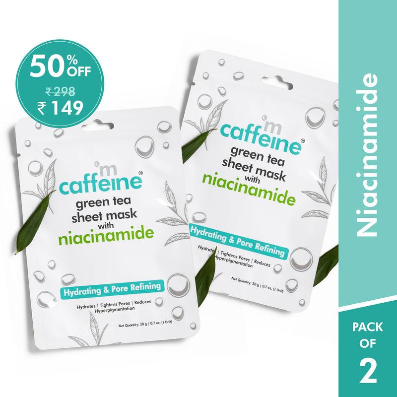 mcaffeine niacinamide face sheet masks with green tea for pore refining & 24h hydration - pack of 2
