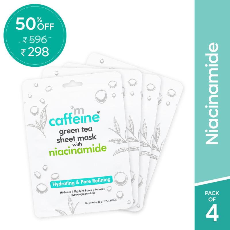 mcaffeine niacinamide face sheet masks with green tea for pore refining & 24h hydration - pack of 4
