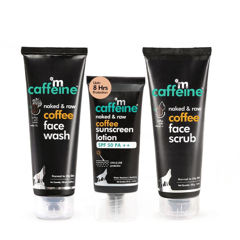 mcaffeine pollution & sun protection kit - coffee face scrub, face wash & spf 50 pa++ sunscreen lotion