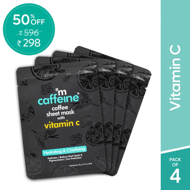 mcaffeine vitamin c face sheet masks with coffee for dark spot reduction & hydration - pack of 4