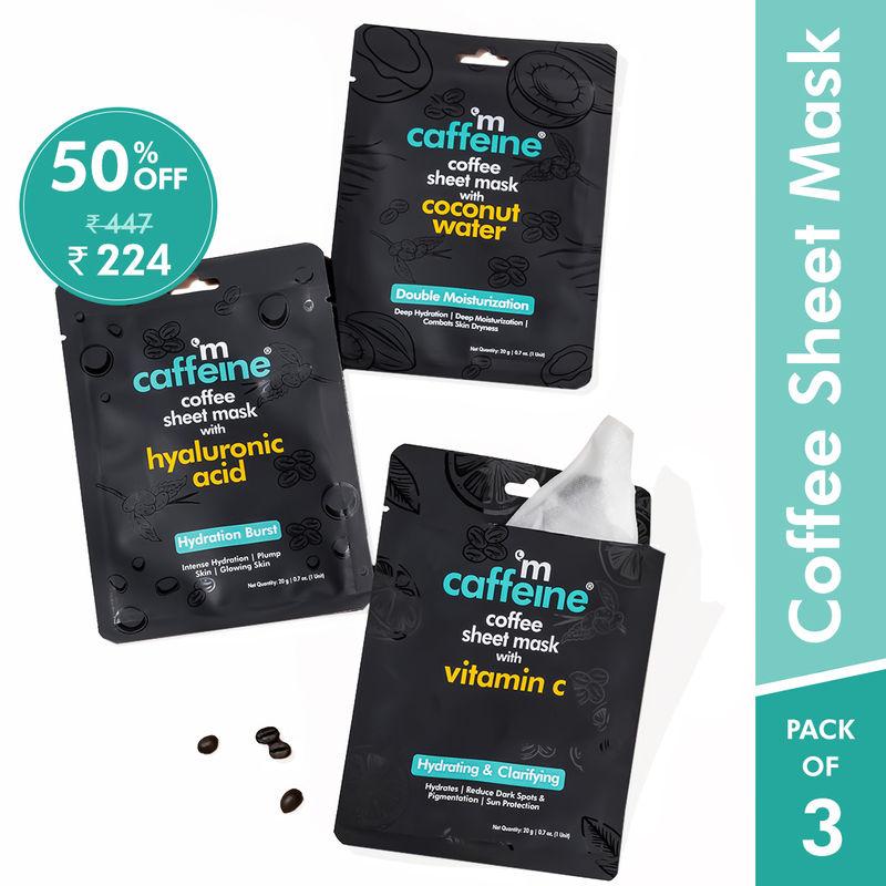 mcaffeine vitamin c, hyaluronic acid & coconut water face sheet masks for glowing skin - pack of 3