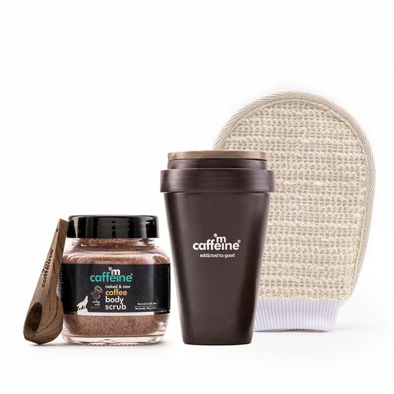 mcaffeine coffee body exfoliation kit - body scrub, body wash & bath glove - tan removal & deep cleansing