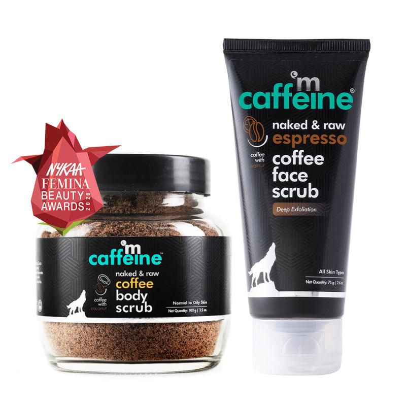 mcaffeine exfoliating coffee body scrub & espresso face scrub combo for tan & blackhead removal