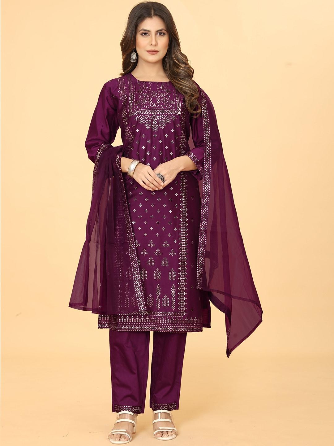 mclothings women purple floral regular mukaish kurta with trousers & with dupatta