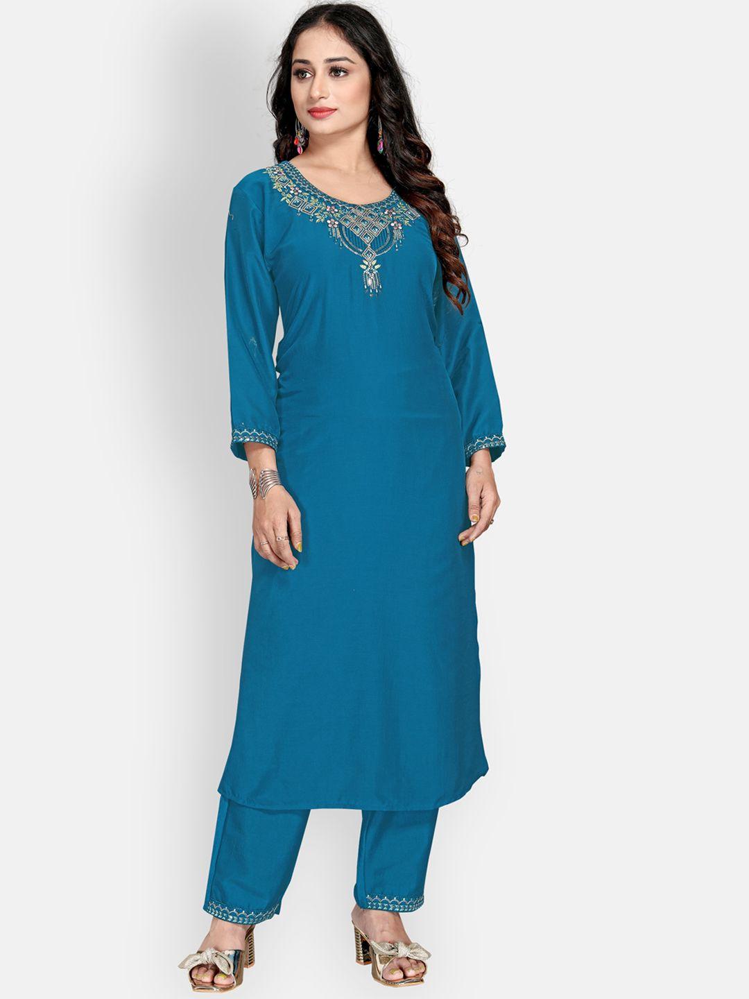 mclothings women blue embroidered thread work kurti with trousers