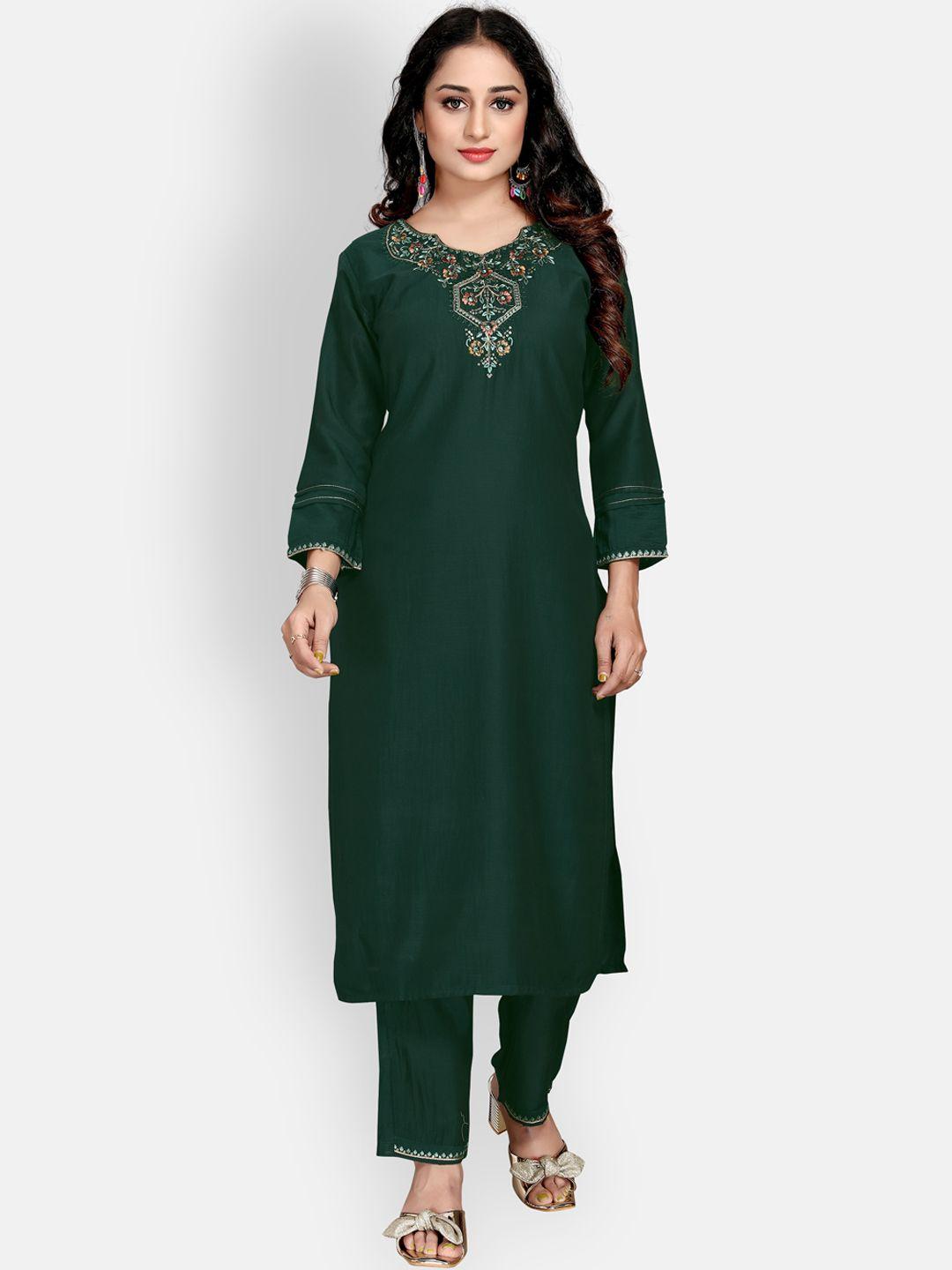 mclothings women green embroidered thread work kurti with trousers
