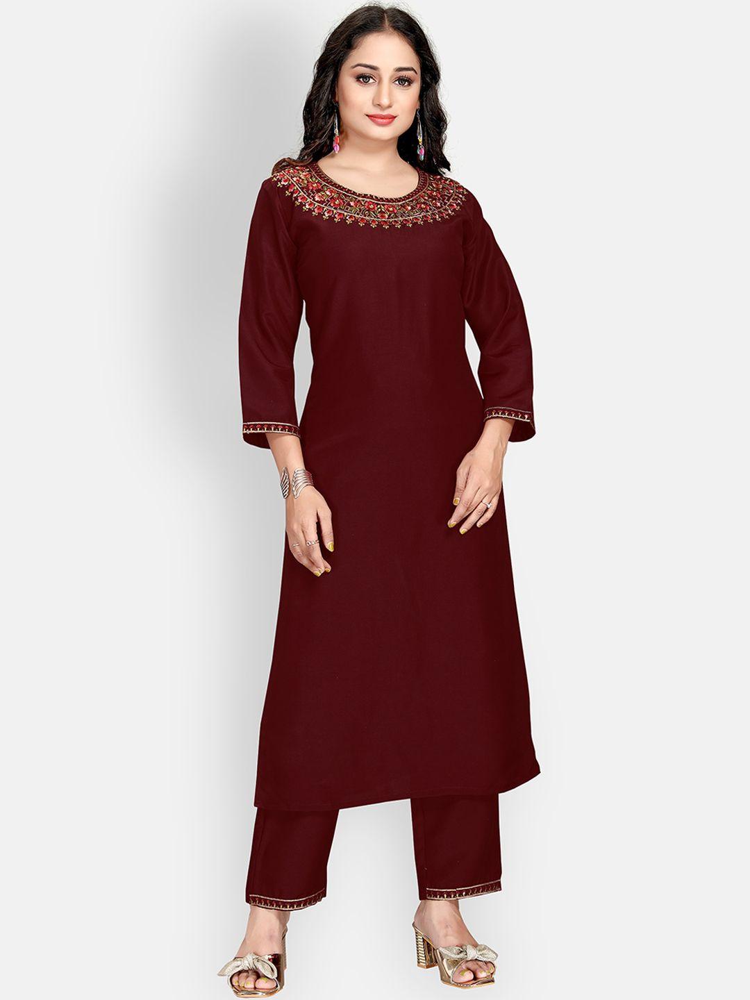 mclothings women maroon embroidered thread work kurti with trousers