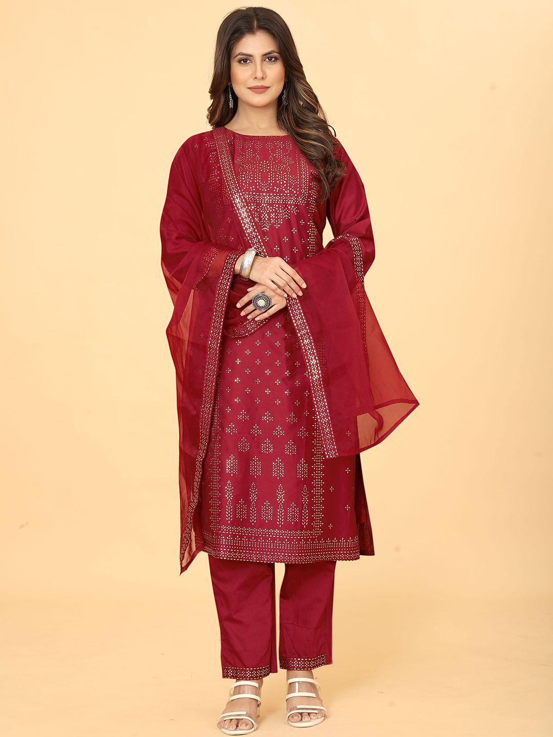 mclothings women maroon ethnic motifs printed regular mukaish kurta with trousers & with dupatta