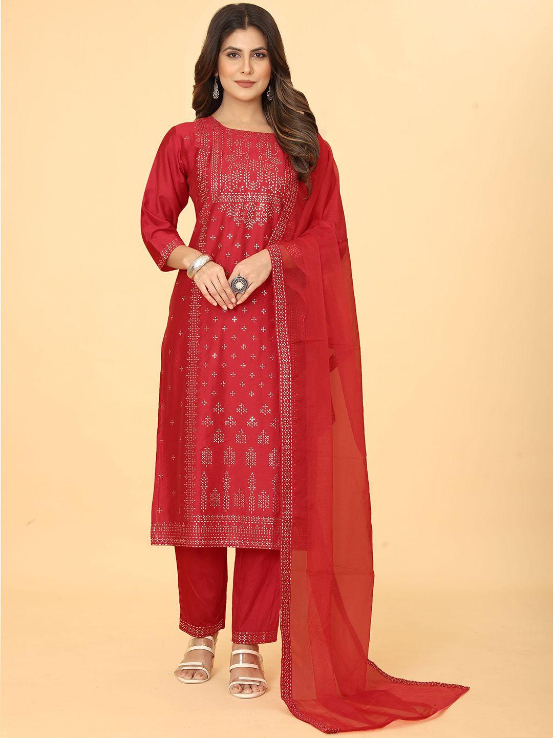 mclothings women red floral regular mukaish kurta with trousers & with dupatta