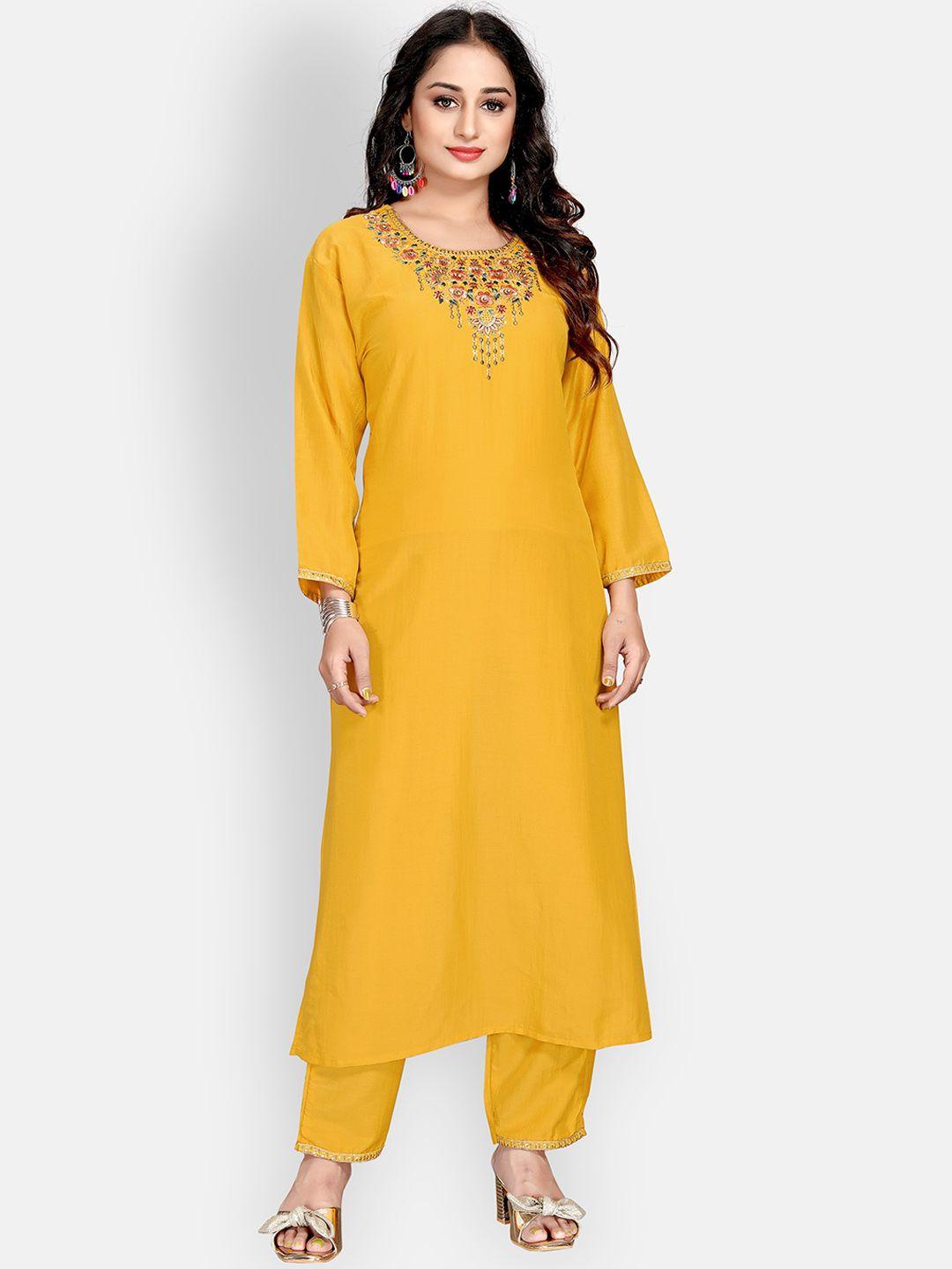 mclothings women yellow embroidered thread work kurti with trousers