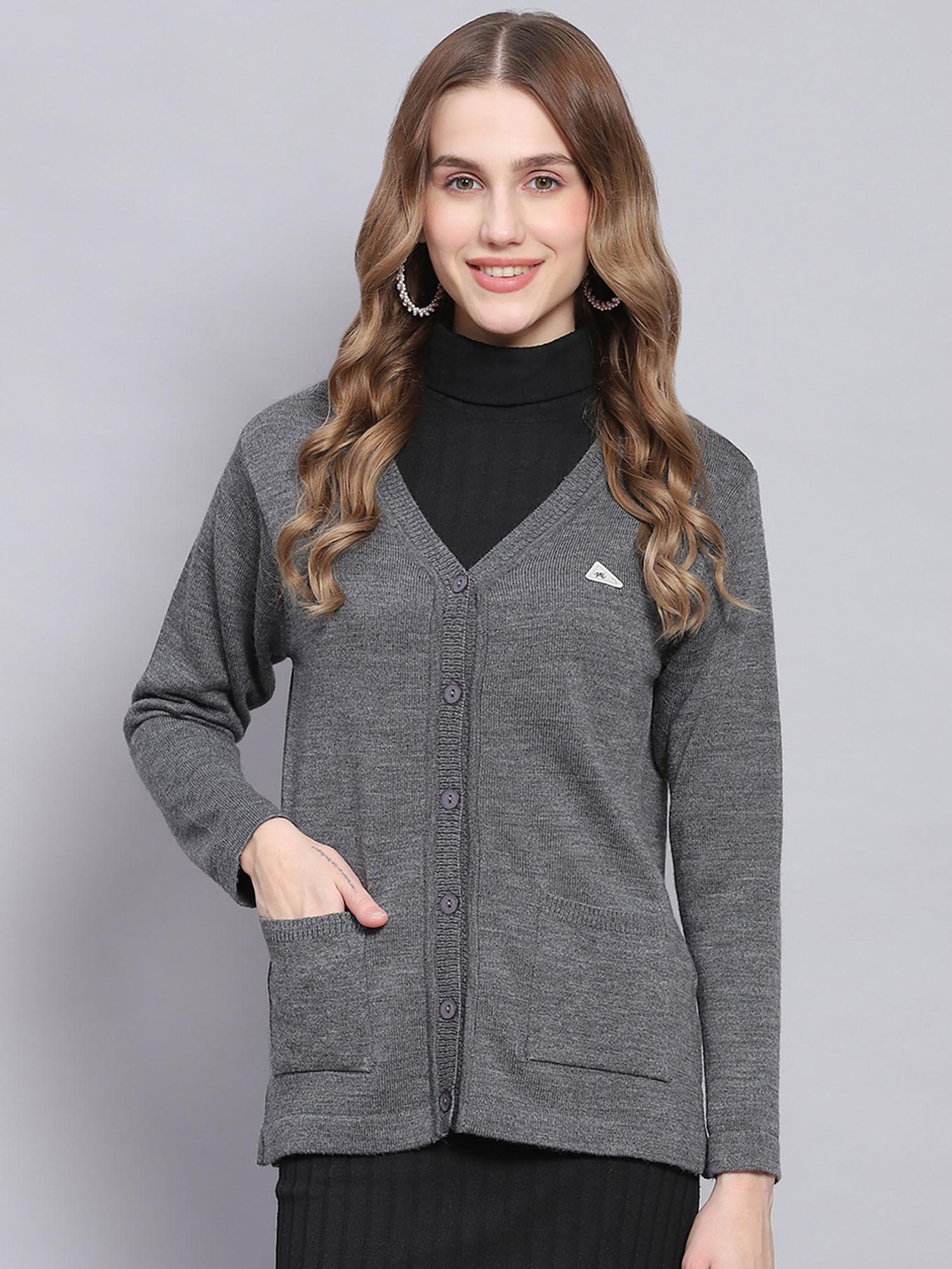 md grey mix solid v neck cardigan