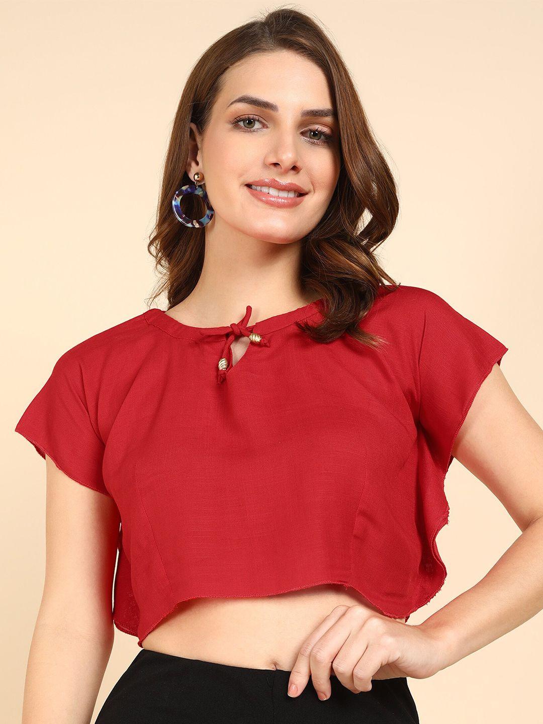 me craft red tie-up neck extended sleeves boxy crop top