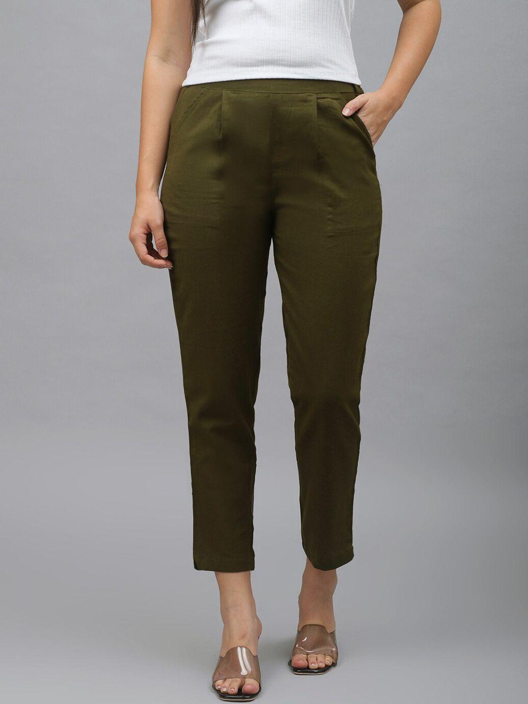 me craft women green solid easy wash pleated casual trousers