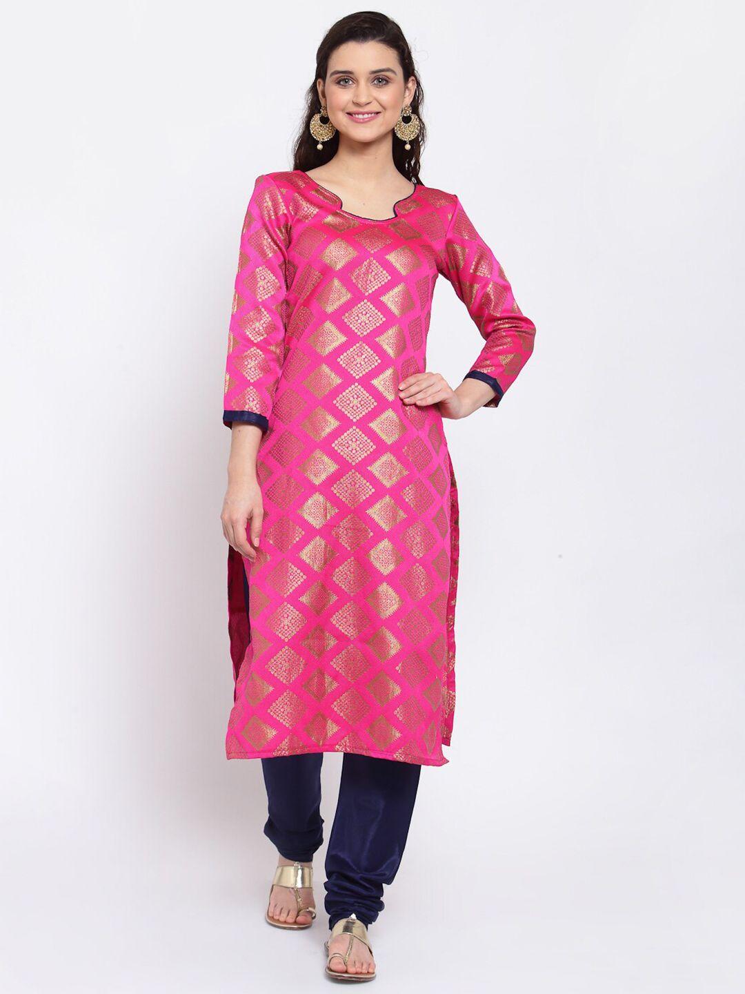 me lady fashion pink & navy blue unstitched dress material