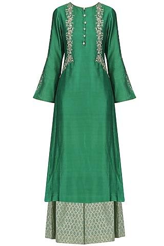 meadow green embroidered kurta and banarasi palazzo set