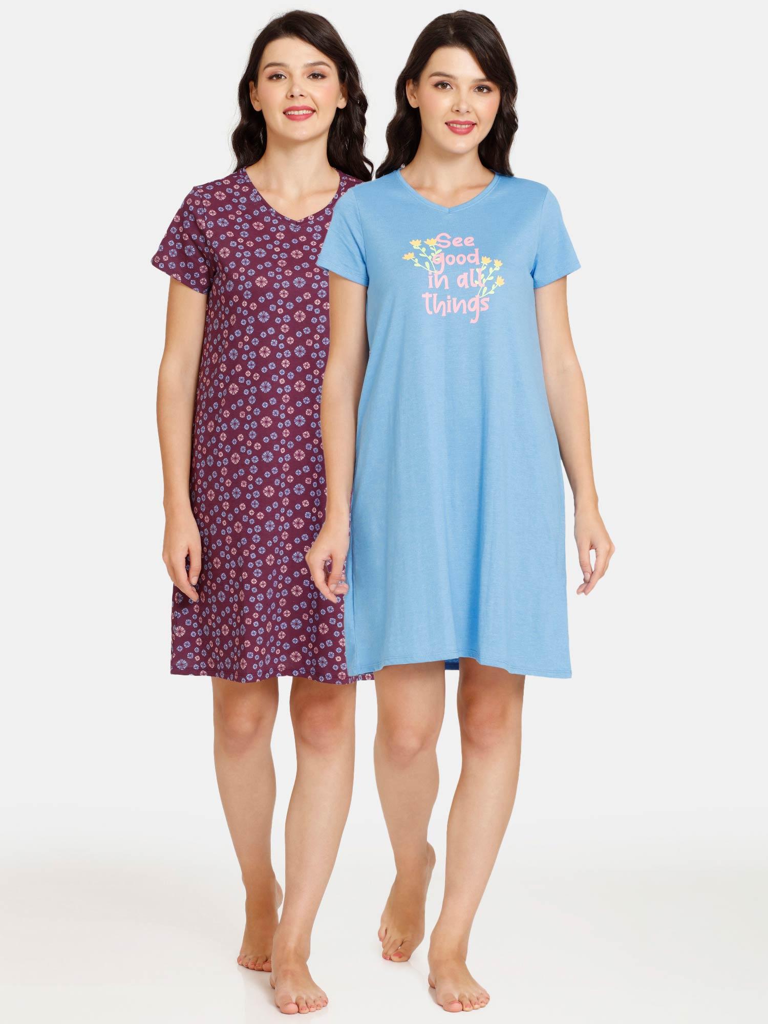 meadows knit cotton knee length nightdress -pack of 2 - pickeld beet all aboard