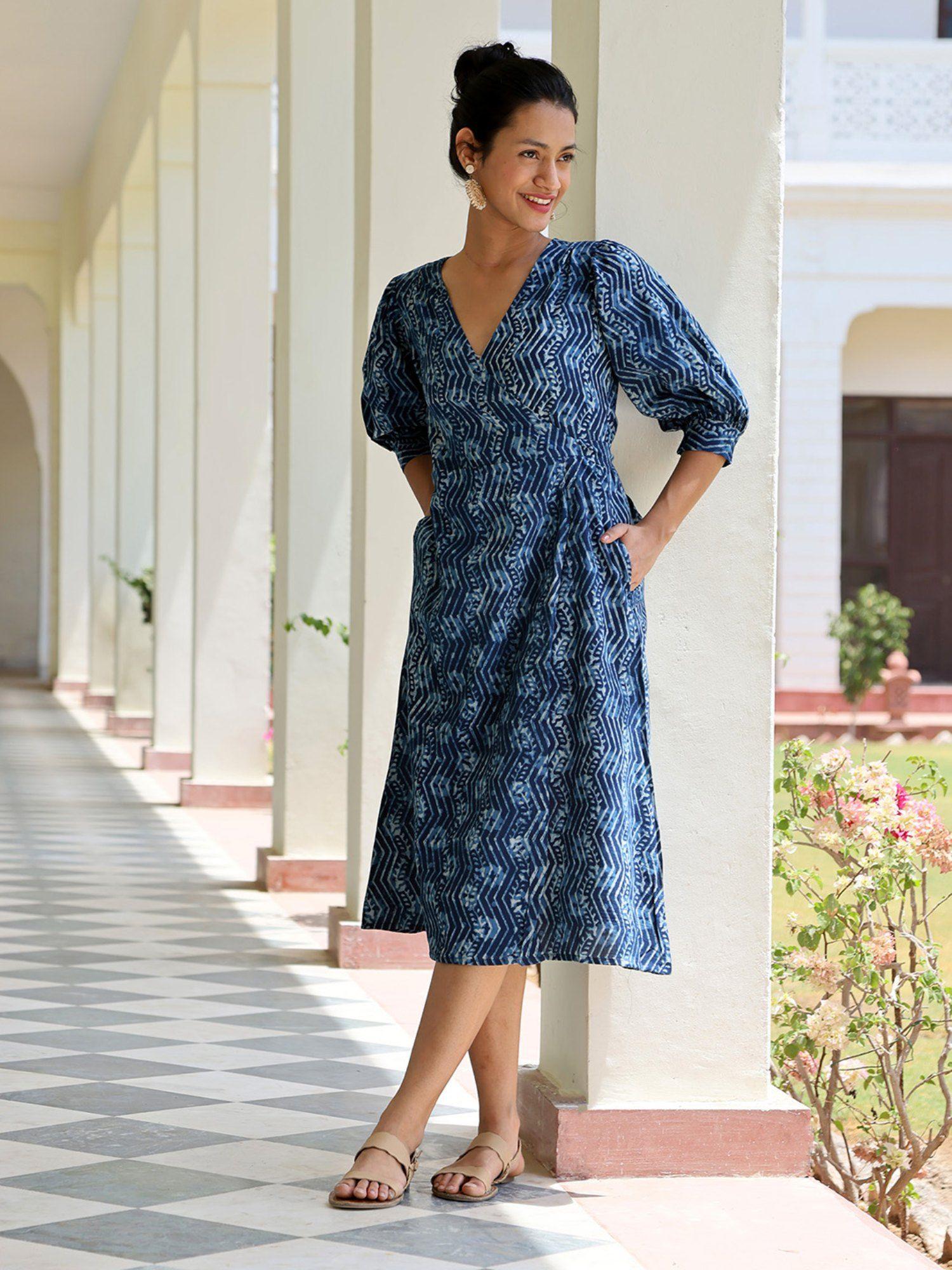 meanderer pure cotton hand block printed wrap dress