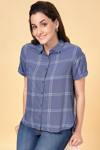 medium blue check casual half  sleeves regular collar women regular fit  top
