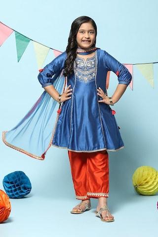 medium blue embroidered ankle-length ethnic girls a line fit palazzo kurta dupatta set