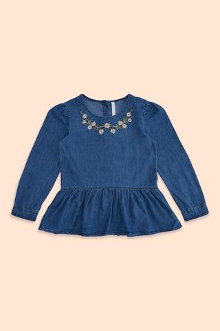 medium blue embroidered casual full sleeves round neck girls regular fit blouse