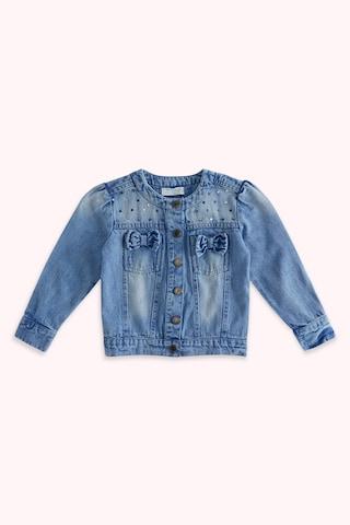 medium blue embroidered casual full sleeves round neck girls regular fit jacket