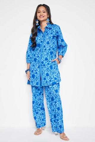 medium blue print casual 3/4th sleeves regular collar women regular fit coordinates set