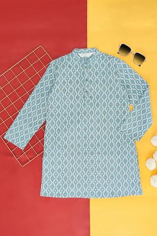 medium blue print casual full sleeves mandarin collar boys regular fit  kurta