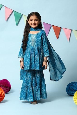 medium-blue-print-full-length-ethnic-girls-flared-fit-kurta-sharara-set
