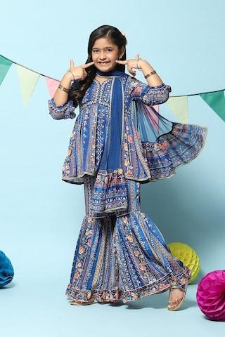 medium blue print full length ethnic girls gathered fit kurta sharara set